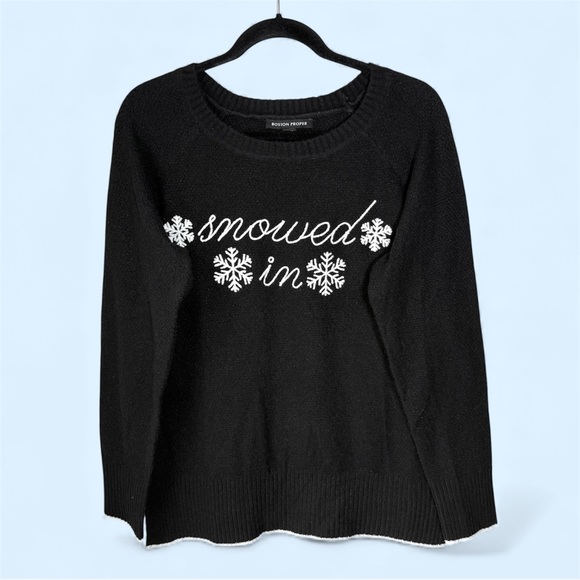 BOSTON PROPER Snow Holiday Knit Sweater Women’s Medium Embroidered Snowflake Blk - Picture 2 of 10
